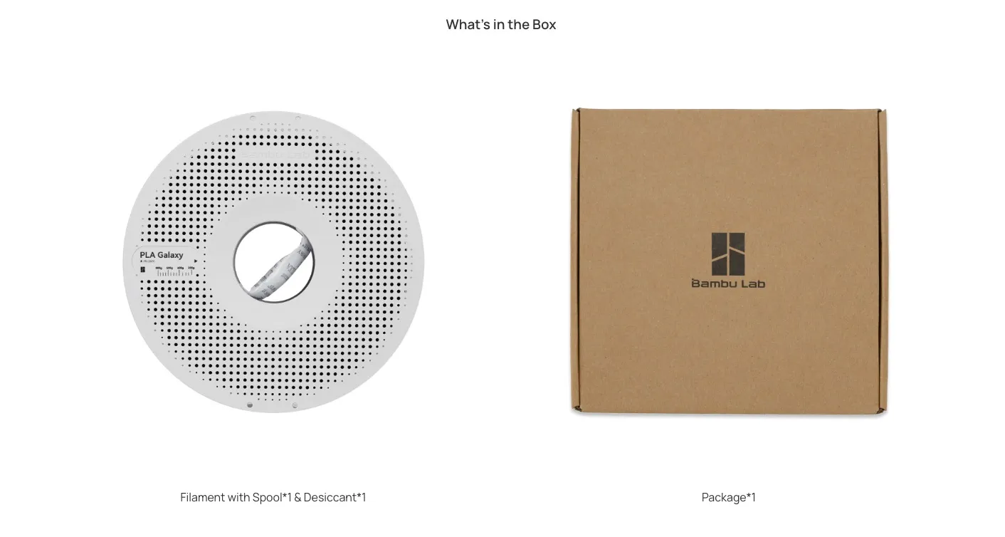 Bambu PLA Galaxy filament with reusable spool and desiccant shown alongside original Bambu Lab packaging box