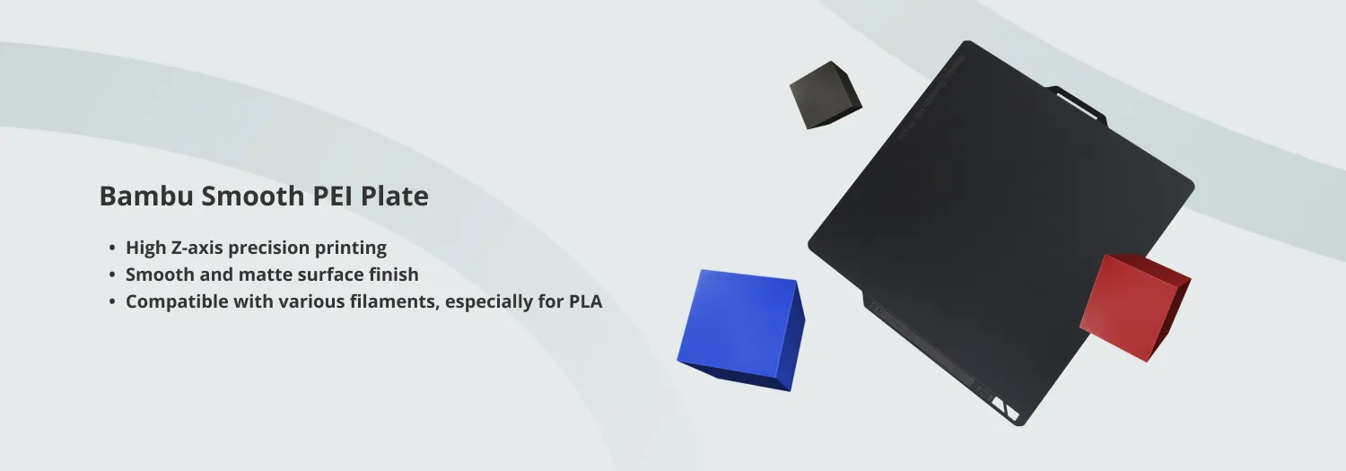 Bambu Smooth PEI Build Plate showing high Z-axis precision, smooth matte surface finish, and PLA compatibility