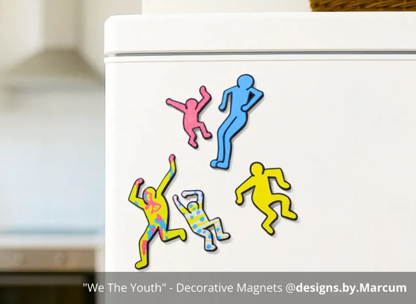 Colorful decorative fridge magnets 3D printed using PLA Basic filament in multiple bright colors