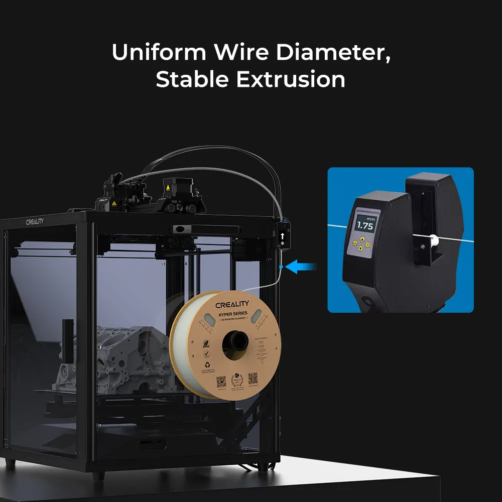 Creality Hyper PLA White filament diameter measurement showing uniform 1.75mm thickness and stable extrusion