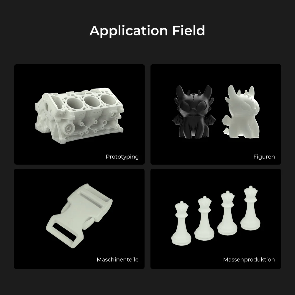 Applications of Creality Hyper PLA White including prototyping, figurines, machine parts and mass production 3D printing
