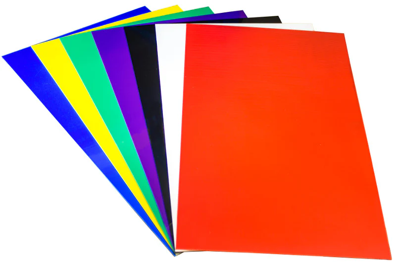 Colorful HIPS (High Impact Polystyrene) plastic sheets used in 3D printing, vacuum forming, and industrial manufacturing applications.