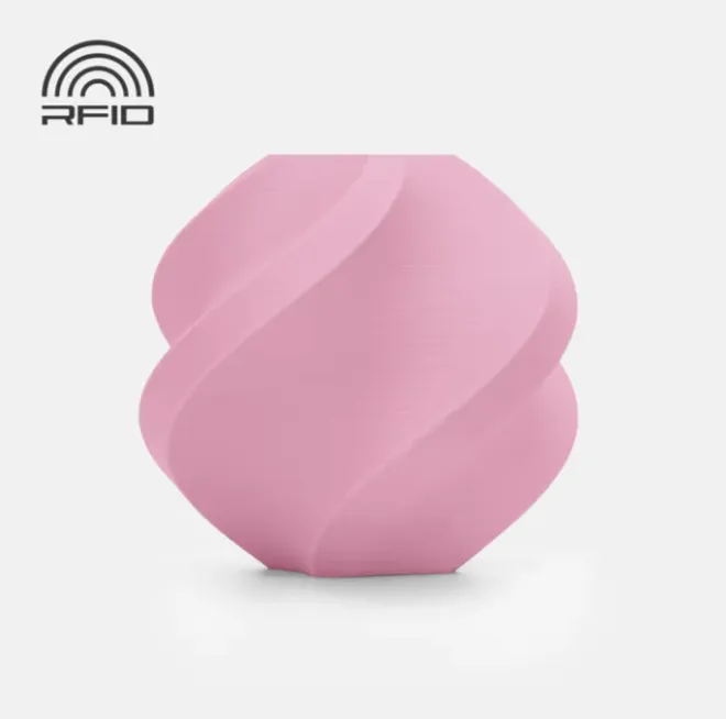 Spiral geometric 3D printed sample in soft sakura pink with smooth matte finish and subtle layer blending