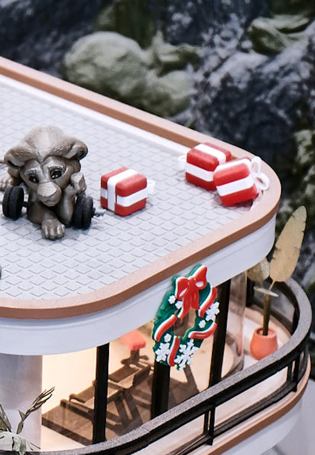 Miniature building rooftop detail with maroon red gift box accents printed using Bambu Lab PLA Basic Maroon Red filament 1kg 10205