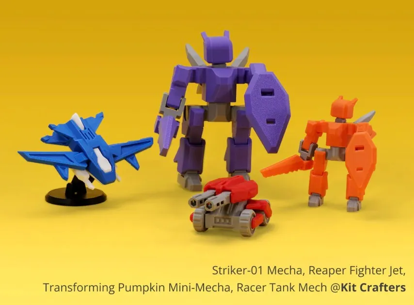 Mecha robot, jet fighter, and tank miniatures 3D printed using PLA Basic filament in multiple colors