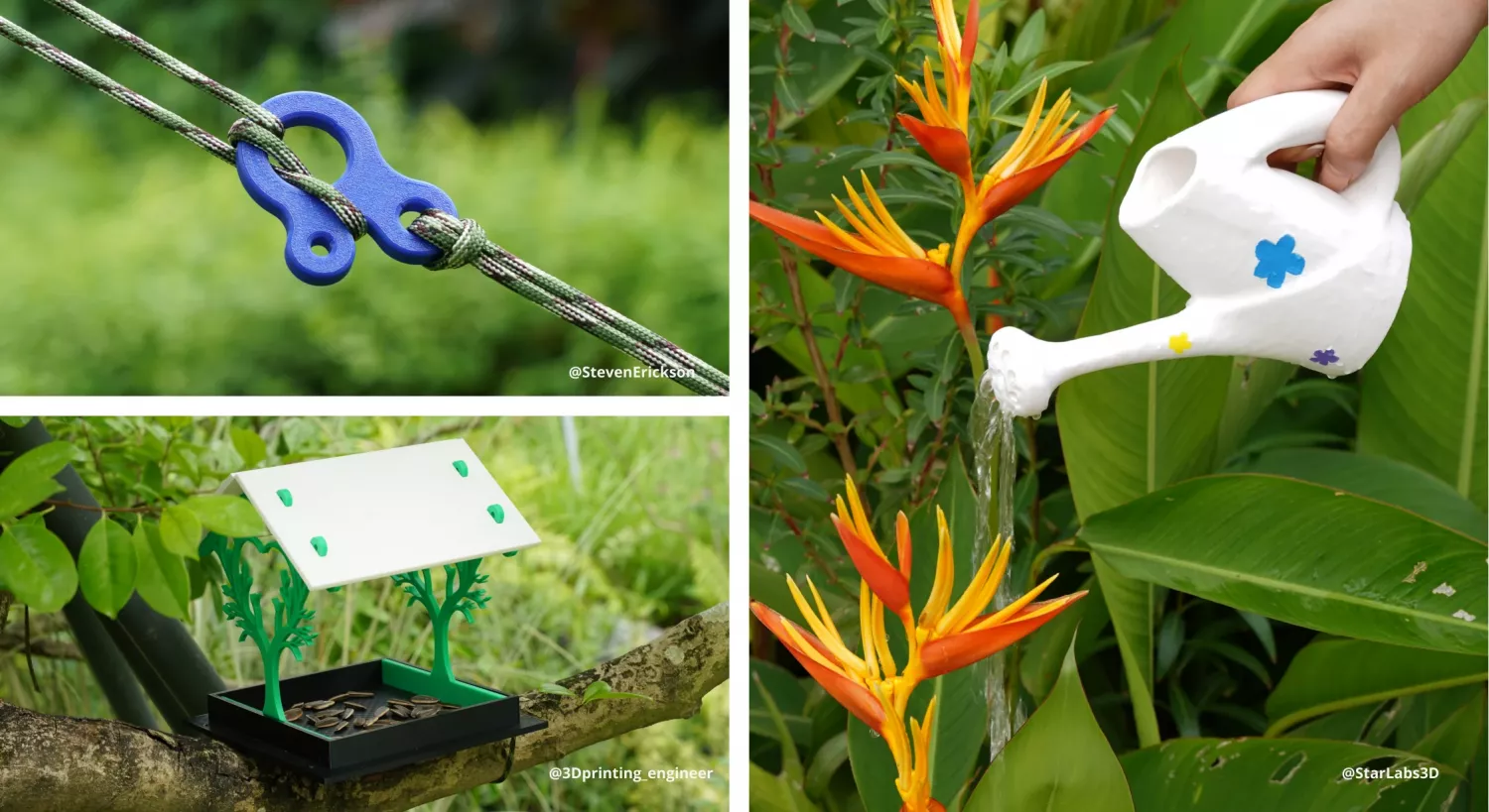 Bambu PETG Basic filament outdoor applications including rope clip, watering can, and garden feeder
