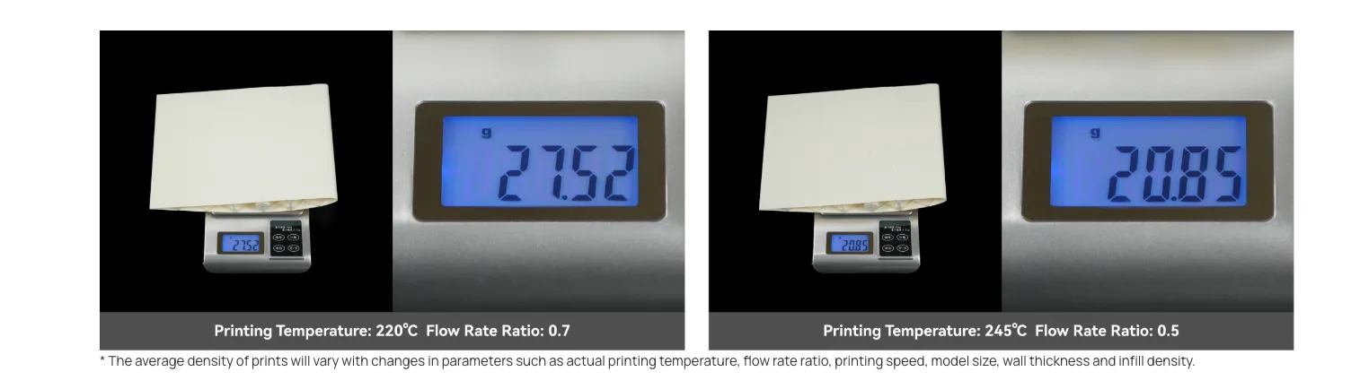 PLA Aero weight comparison printed at different temperatures and flow rate ratios, demonstrating density variation in lightweight prints