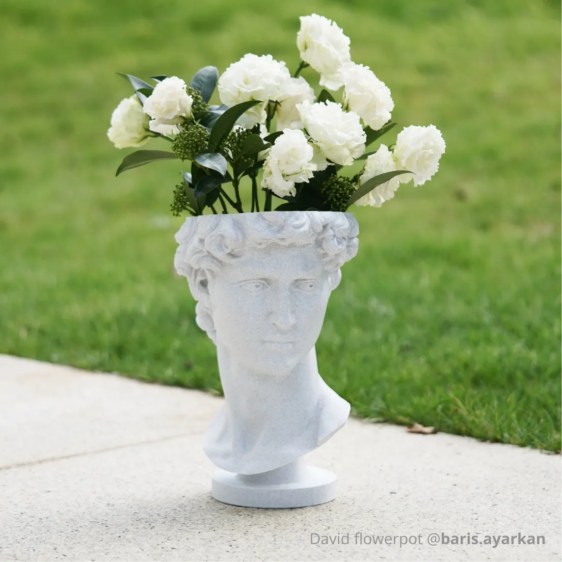 David bust flowerpot 3D printed with PLA Marble filament 13103 used as outdoor planter