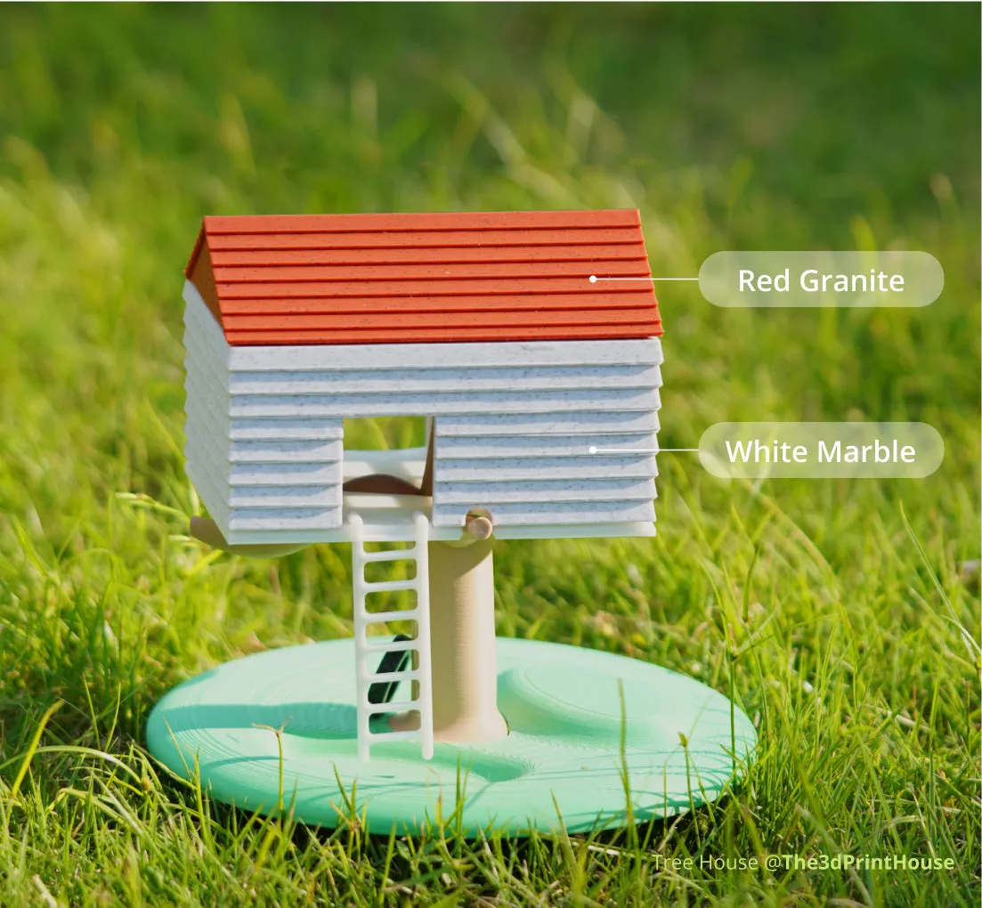 Mini tree house model printed with PLA Marble filament 13103 showing white marble texture and red granite roof
