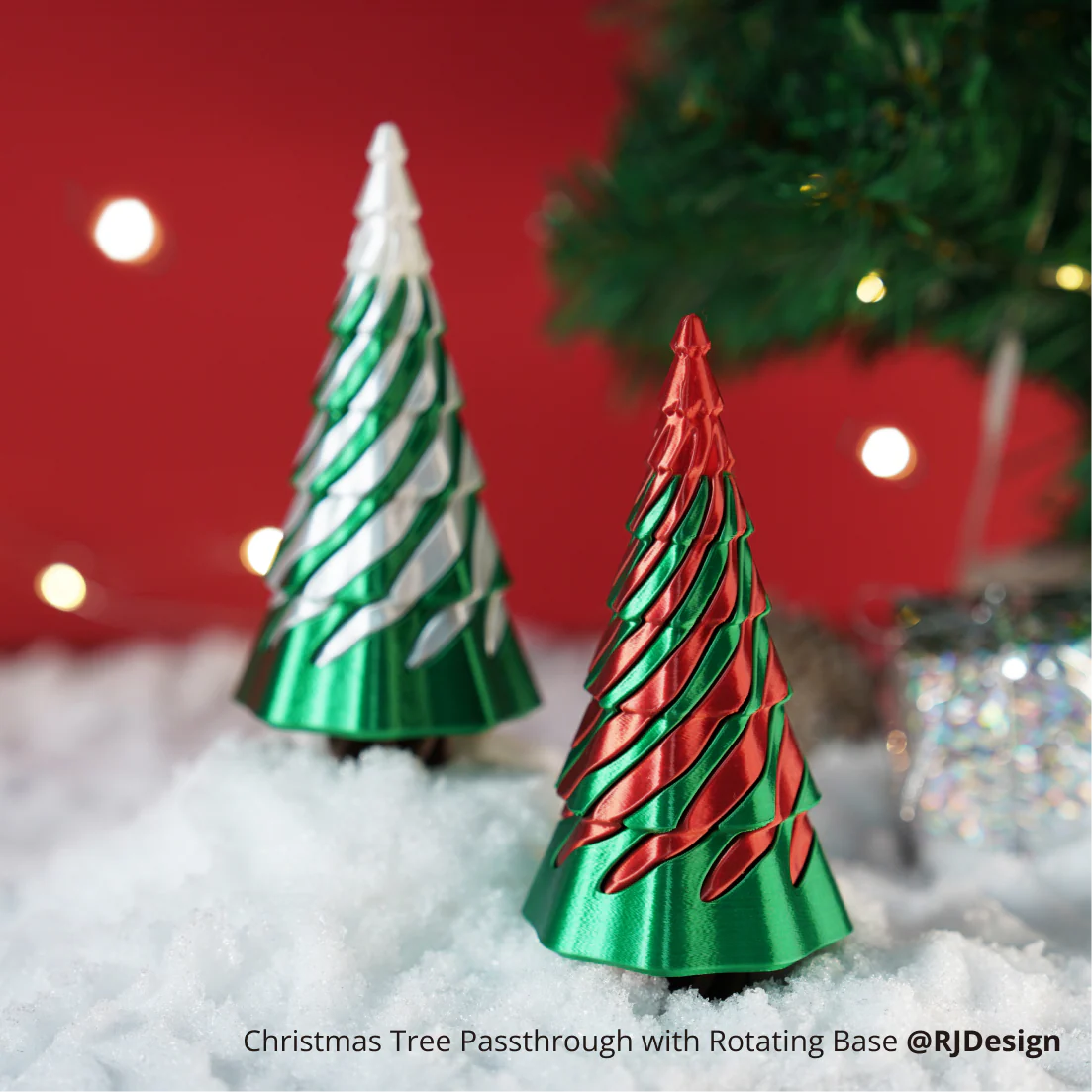 Decorative Christmas tree 3D printed with PLA Silk+ filament, featuring spiral geometry and glossy silk finish