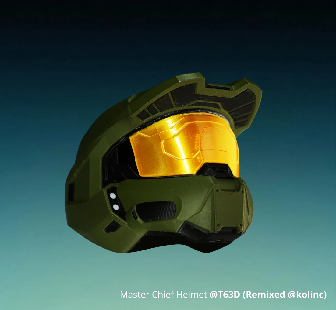 Sci-fi helmet model with metallic gold visor printed using Bambu Lab PLA Silk+ filament