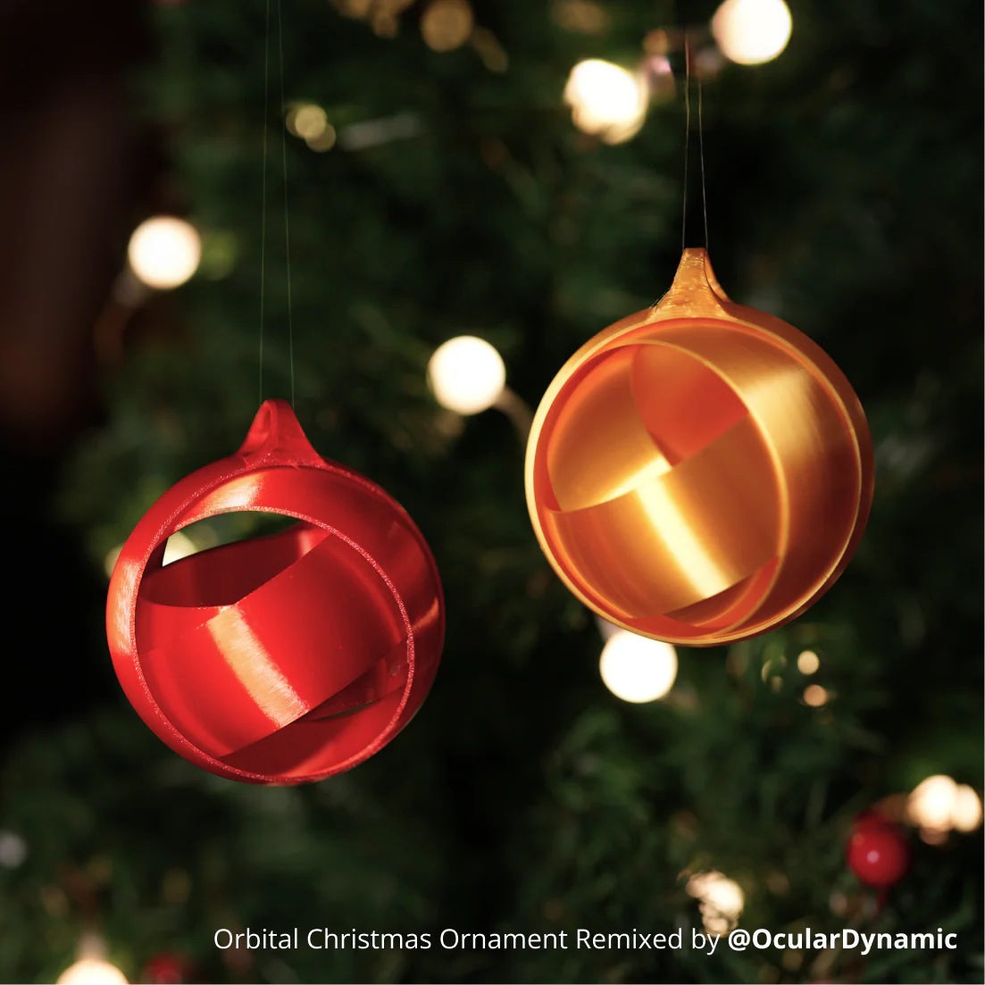 Orbital Christmas ornaments 3D printed with Bambu Lab PLA Silk+ filament hanging on a Christmas tree