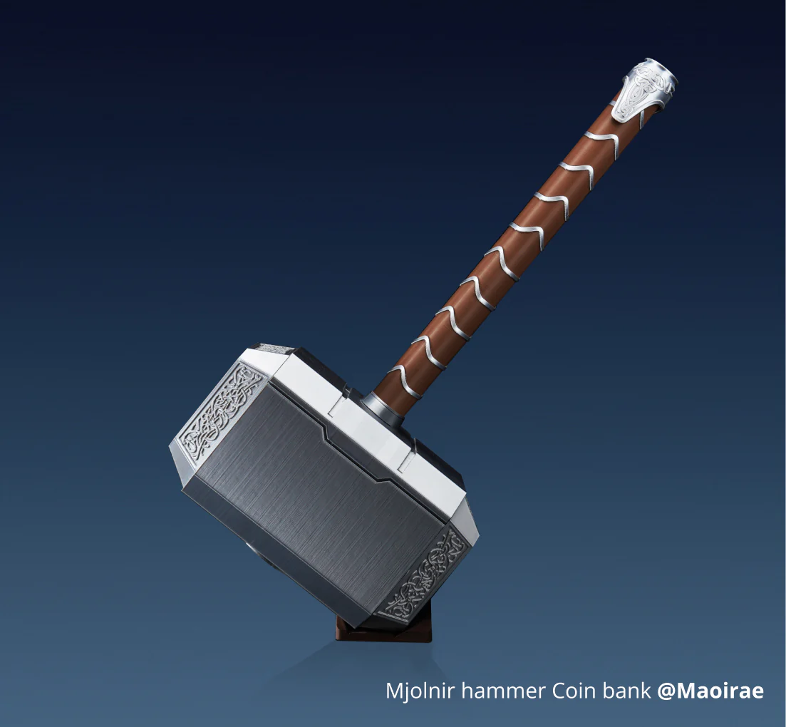Mjolnir hammer display model 3D printed with PLA Silk+ filament, featuring metallic surfaces and fine detail