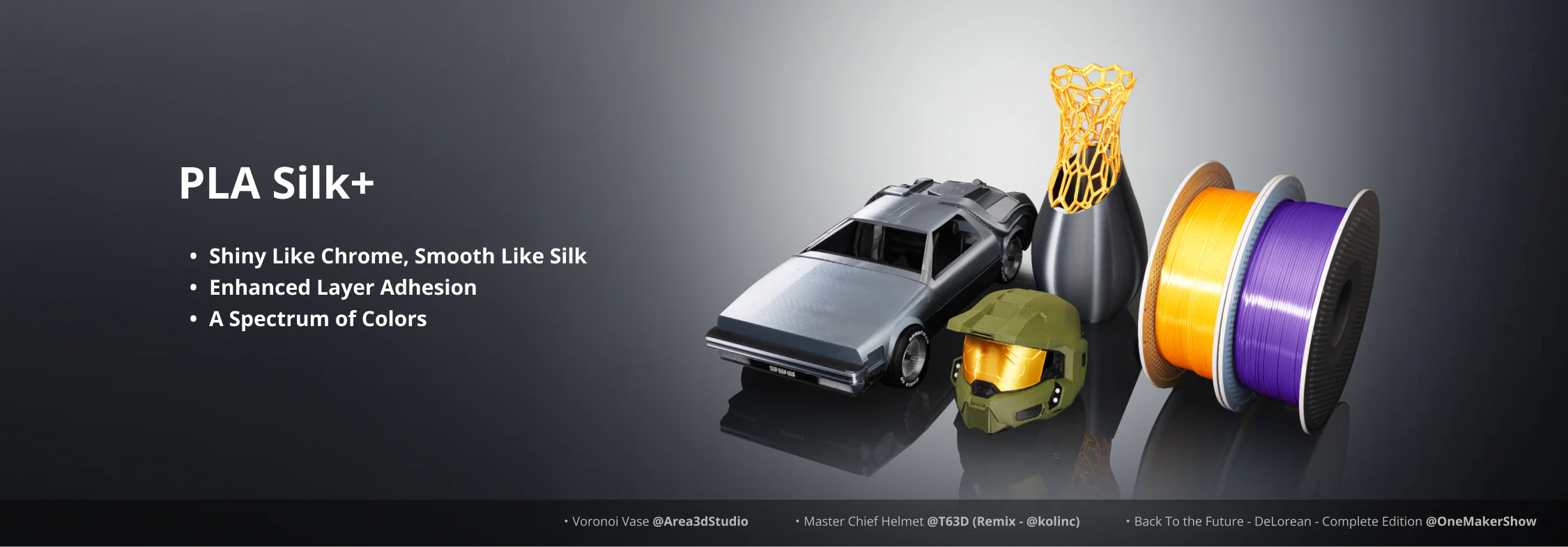 PLA Silk+ filament showcase featuring glossy 3D printed models, metallic surface finish, and smooth silk texture