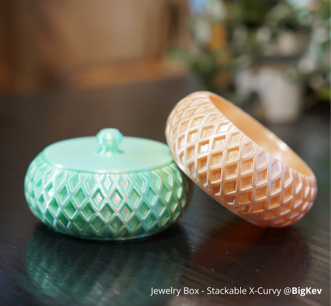Stackable jewelry box with curved texture printed using Bambu Lab PLA Silk+ filament