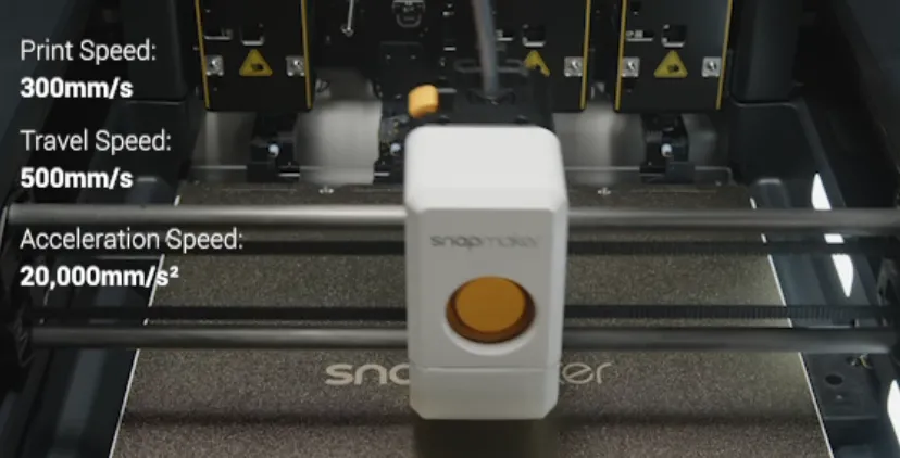 Snapmaker U1 3D printer high-speed printing system showing 300mm per second print speed, 500mm travel speed and 20000mm per second squared acceleration