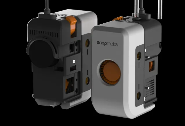 Snapmaker U1 modular 3D printer print head units showing interchangeable extrusion modules with industrial design