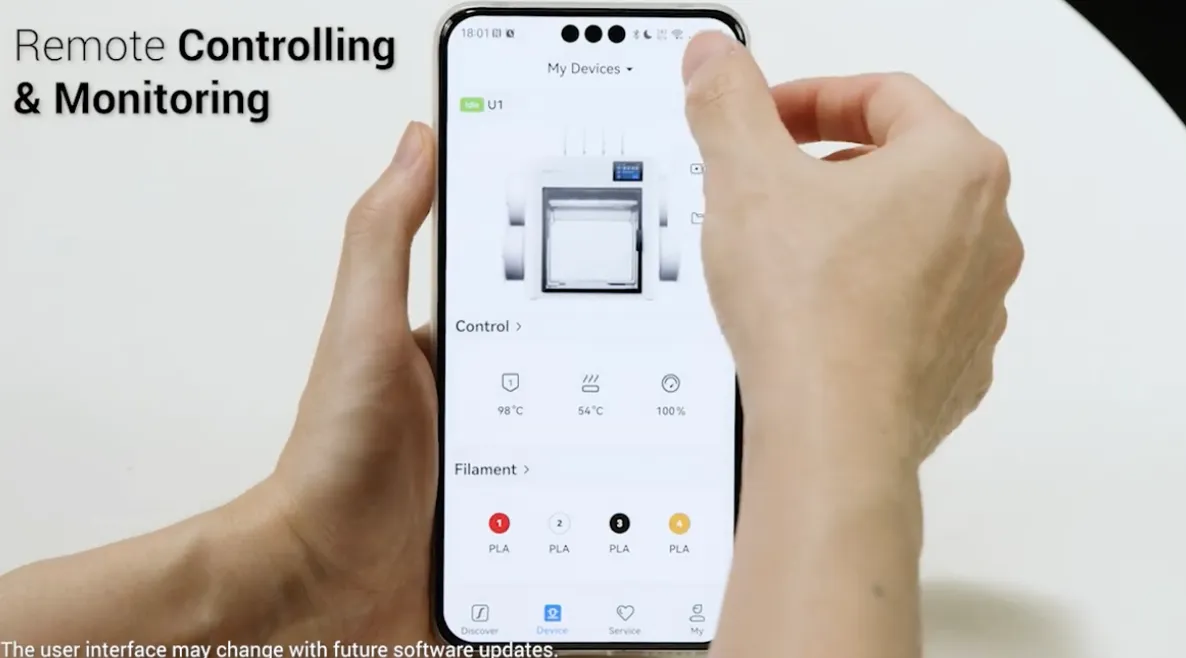Snapmaker U1 3D printer remote control and monitoring interface displayed on smartphone showing temperature, filament status and real-time control panel