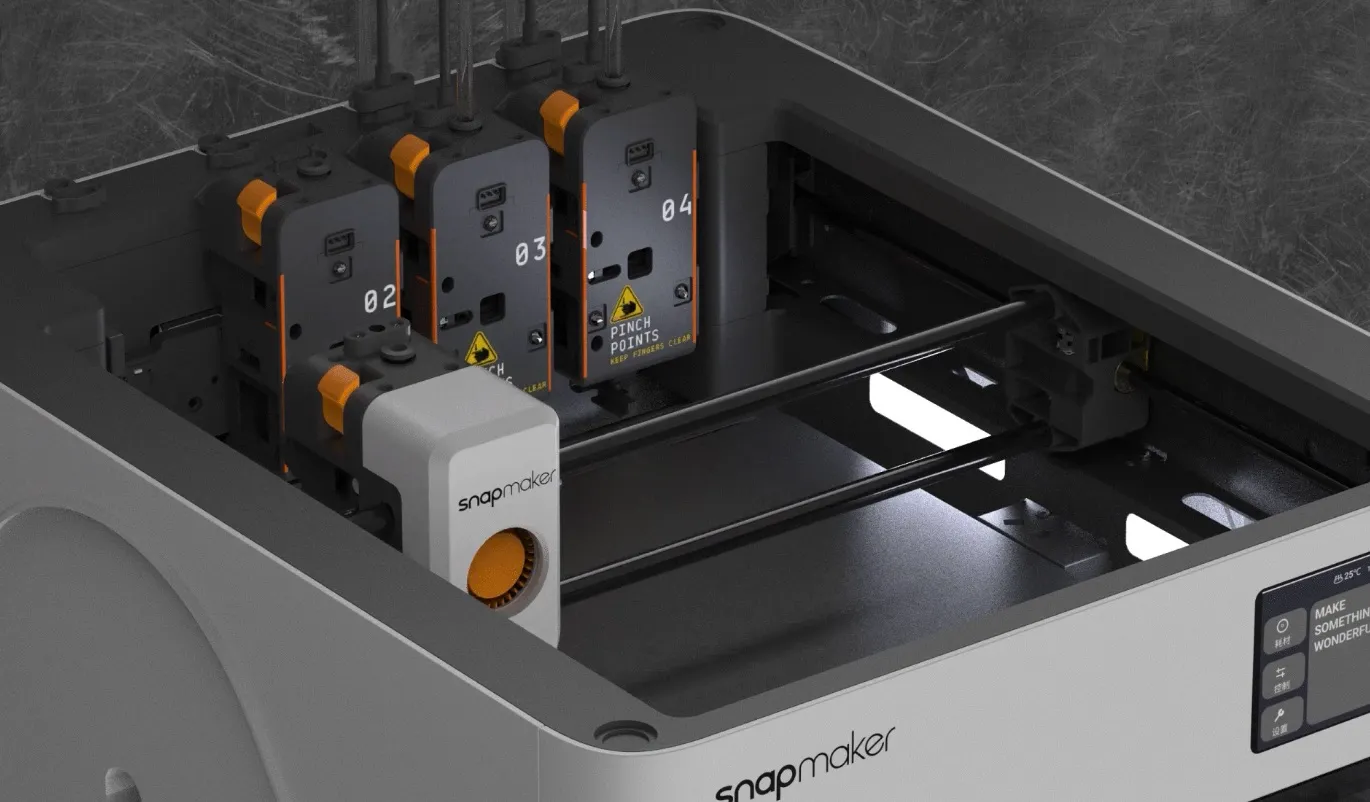 Snapmaker U1 interior showing four independent toolheads installed on SnapSwap rail system