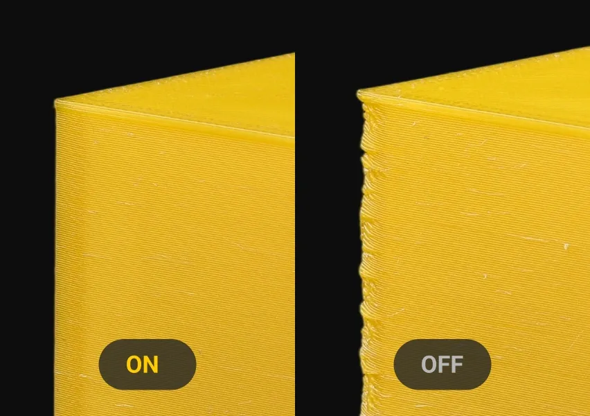 Snapmaker U1 3D printer surface quality comparison showing smooth layered finish with vibration compensation on versus wavy layer artifacts when off