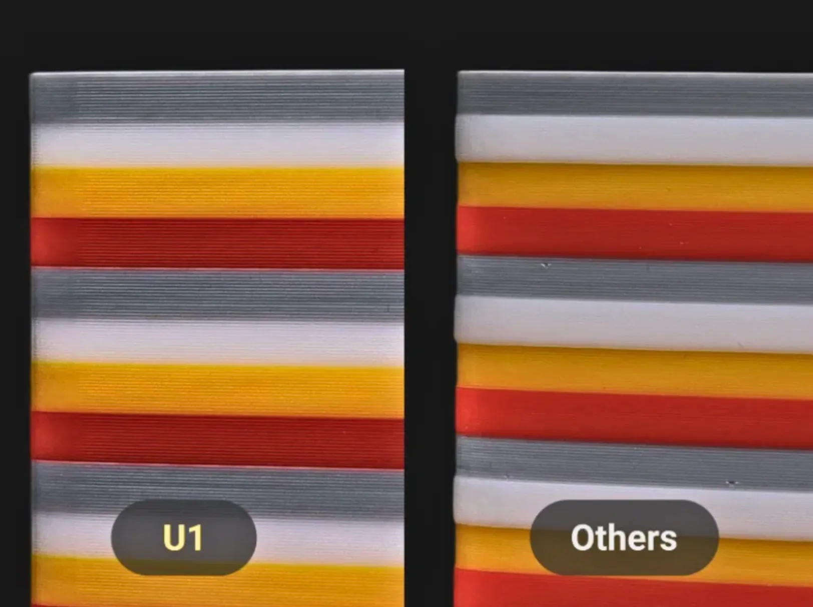 Comparison of layered 3D prints labeled U1 and Others showing smoother layer alignment