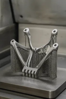 Stainless Steel 17-4 component produced using DMLS metal 3D printing, shown with support structures on build plate.