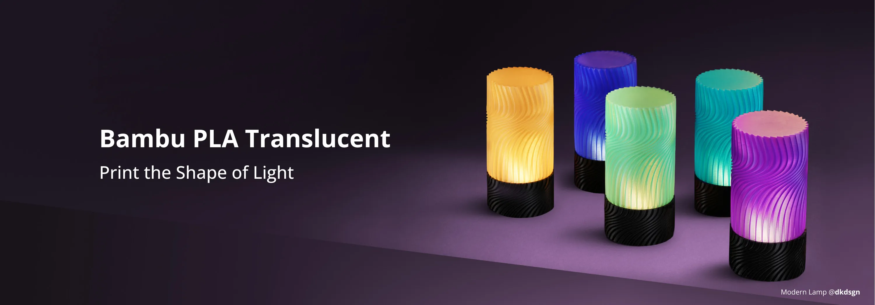 PLA translucent filament lamps showing layered surface texture and multi-color light diffusion