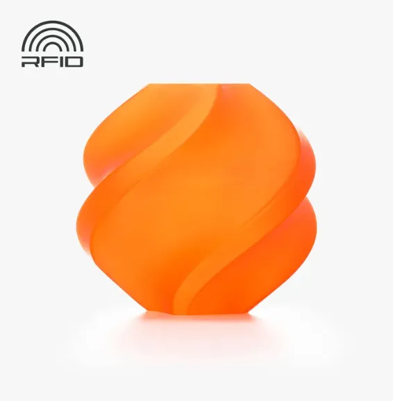 Translucent orange vase 3D printed with PLA Translucent filament, shown with RFID compatibility icon