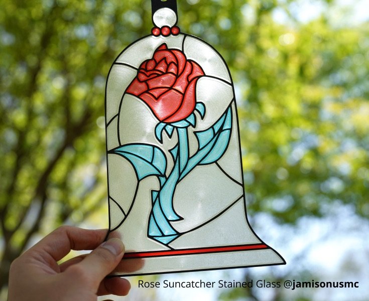 Rose suncatcher stained glass style 3D print made with PLA translucent filament showing layered color transparency