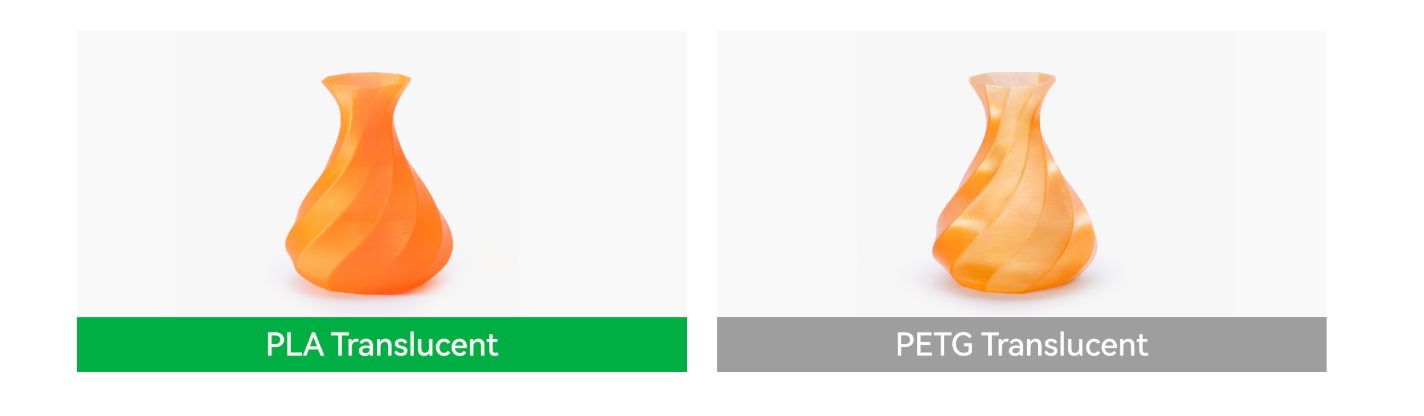 Comparison between PLA translucent and PETG translucent vases showing different clarity and surface finish