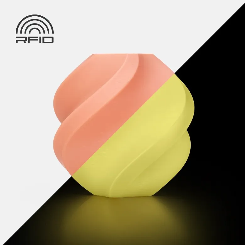 Spiral vase 3D printed with Bambu Lab PLA Glow Orange Filament 1.75mm 1kg/Spool (Color Code:15300), showing orange surface in normal light and glowing effect under low light with RFID icon