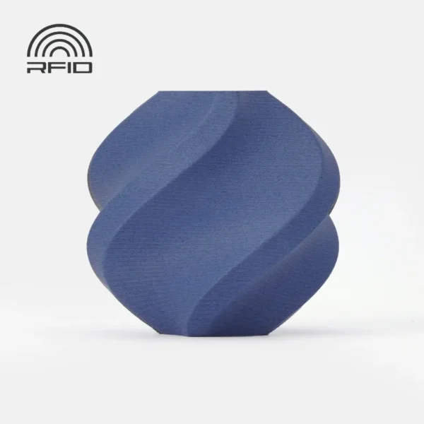 swirl vase 3D print made with Bambu Lab PLA-CF Jeans Blue Filament with Spool Color Code 14600 showing carbon fiber reinforced matte blue surface