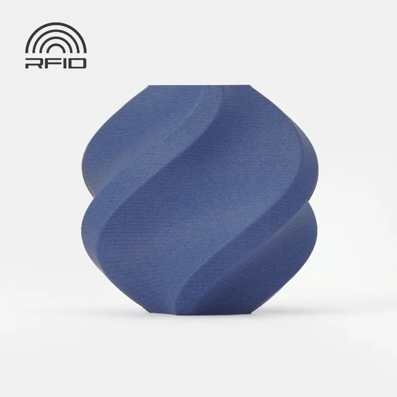 swirl vase 3D print made with Bambu Lab PLA-CF Jeans Blue Filament with Spool Color Code 14600 showing carbon fiber reinforced matte blue surface