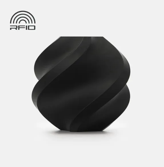 swirl vase 3D print sample made with Bambu Lab PLA Tough+ Black Filament 1.75mm 1kg Spool Color Code 12104 showing smooth layers and matte black finish