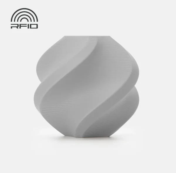 swirl vase 3D print sample produced with Bambu Lab PLA Tough+ Gray Filament 1.75mm 1kg Spool Color Code 12105 showing smooth layers and matte gray surface