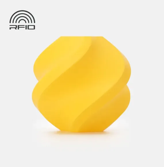 swirl vase 3D print sample made with Bambu Lab PLA Tough+ Yellow Filament 1.75mm 1kg Spool Color Code 12401 showing smooth layers and bright yellow finish