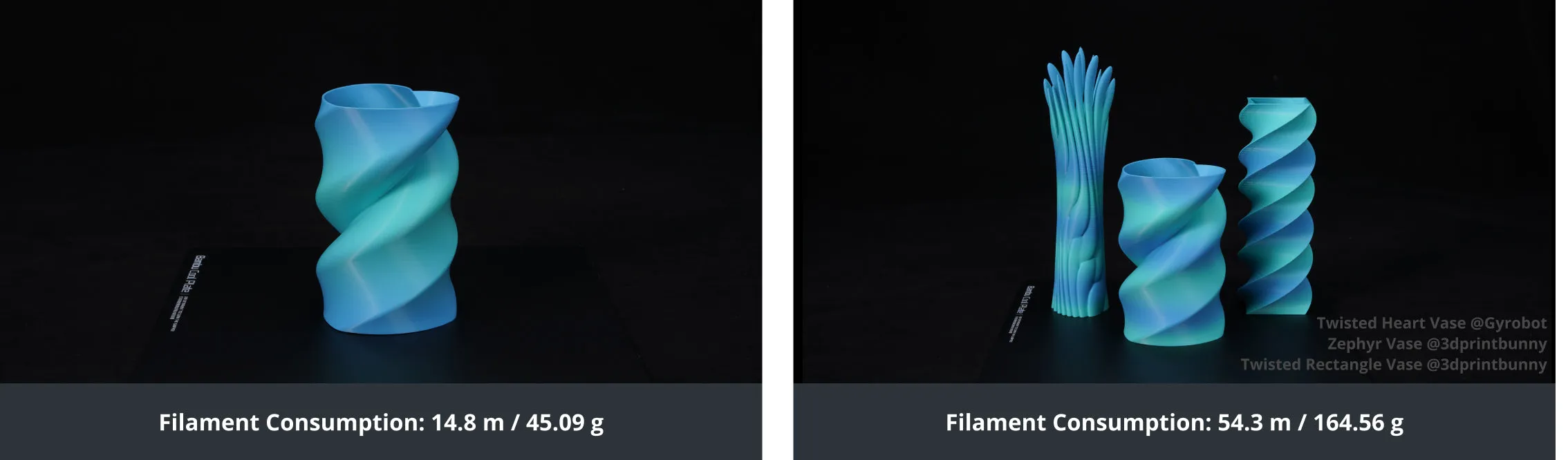 PLA gradient filament test cylinder showing printing speed and time information