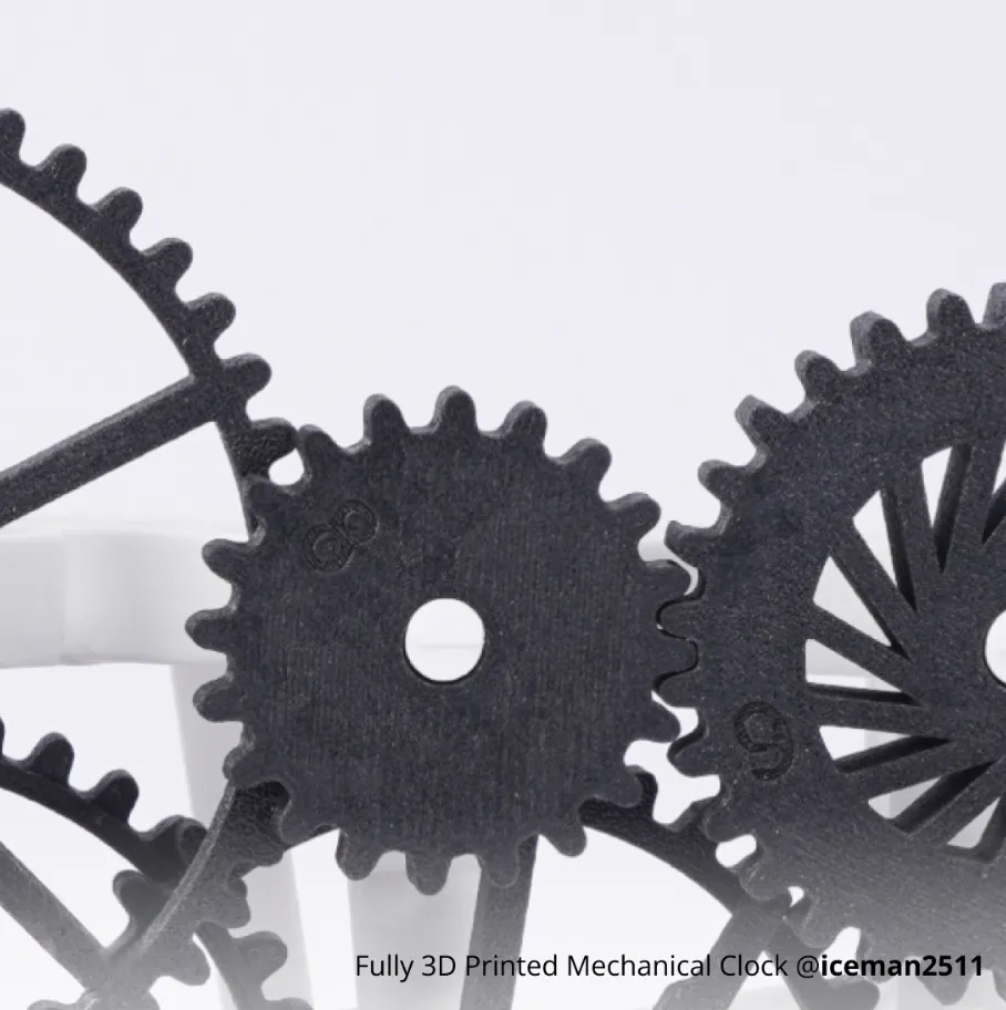 close up of 3D printed mechanical clock gears produced using Bambu Lab ABS-GF filament