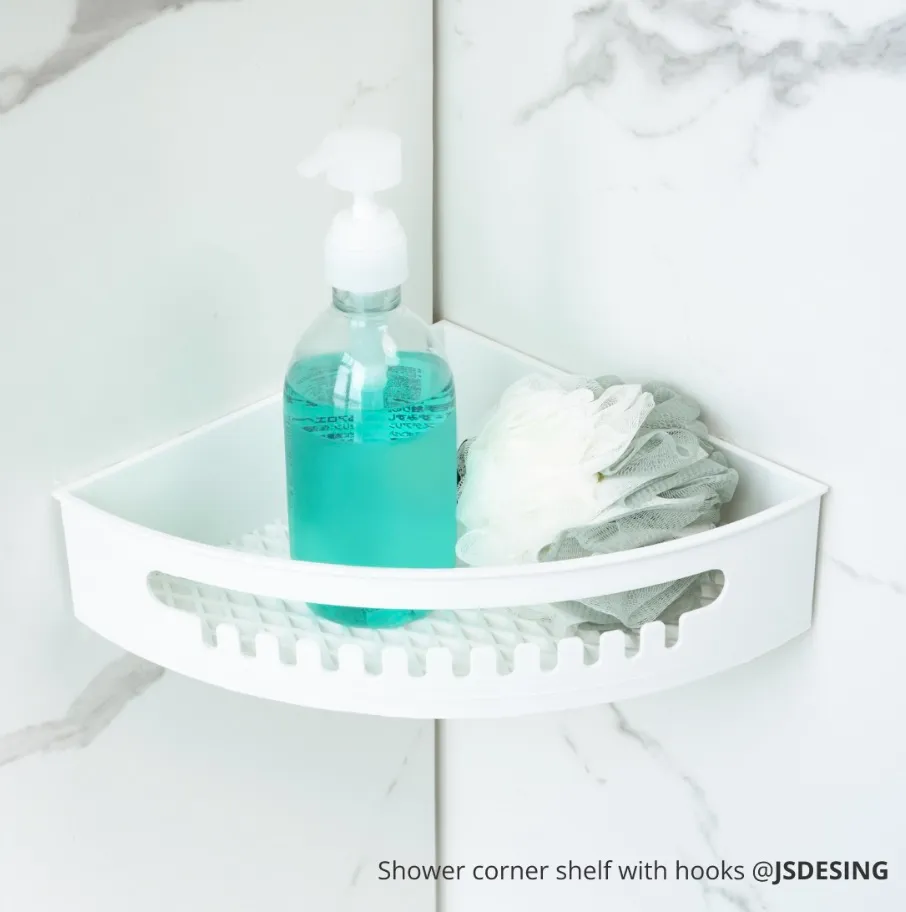 3D printed shower corner shelf holding soap bottle and bath sponge made using Bambu Lab ABS-GF filament