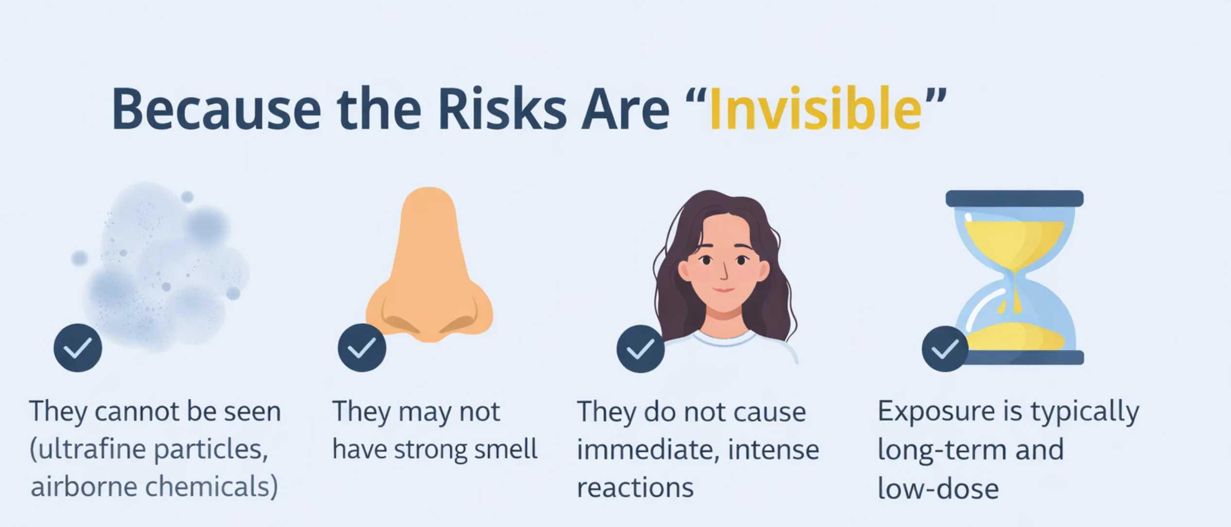 infographic showing invisible risks of 3D printing emissions including ultrafine particles lack of smell delayed reactions and long term exposure