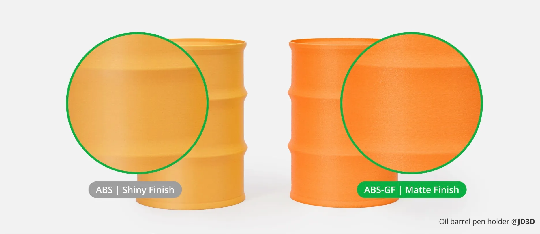 comparison of ABS shiny finish and ABS-GF matte finish printed with Bambu Lab filament