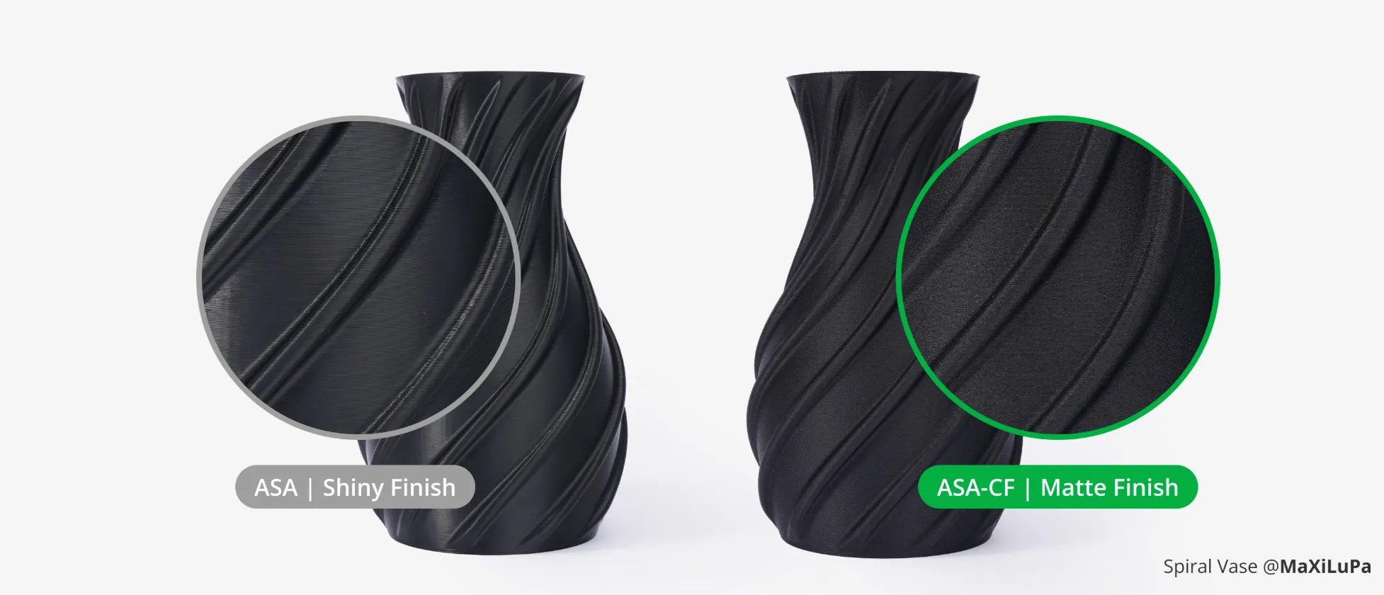 surface finish comparison between standard ASA shiny finish and ASA-CF matte finish printed using Bambu Lab ASA-CF Black Filament