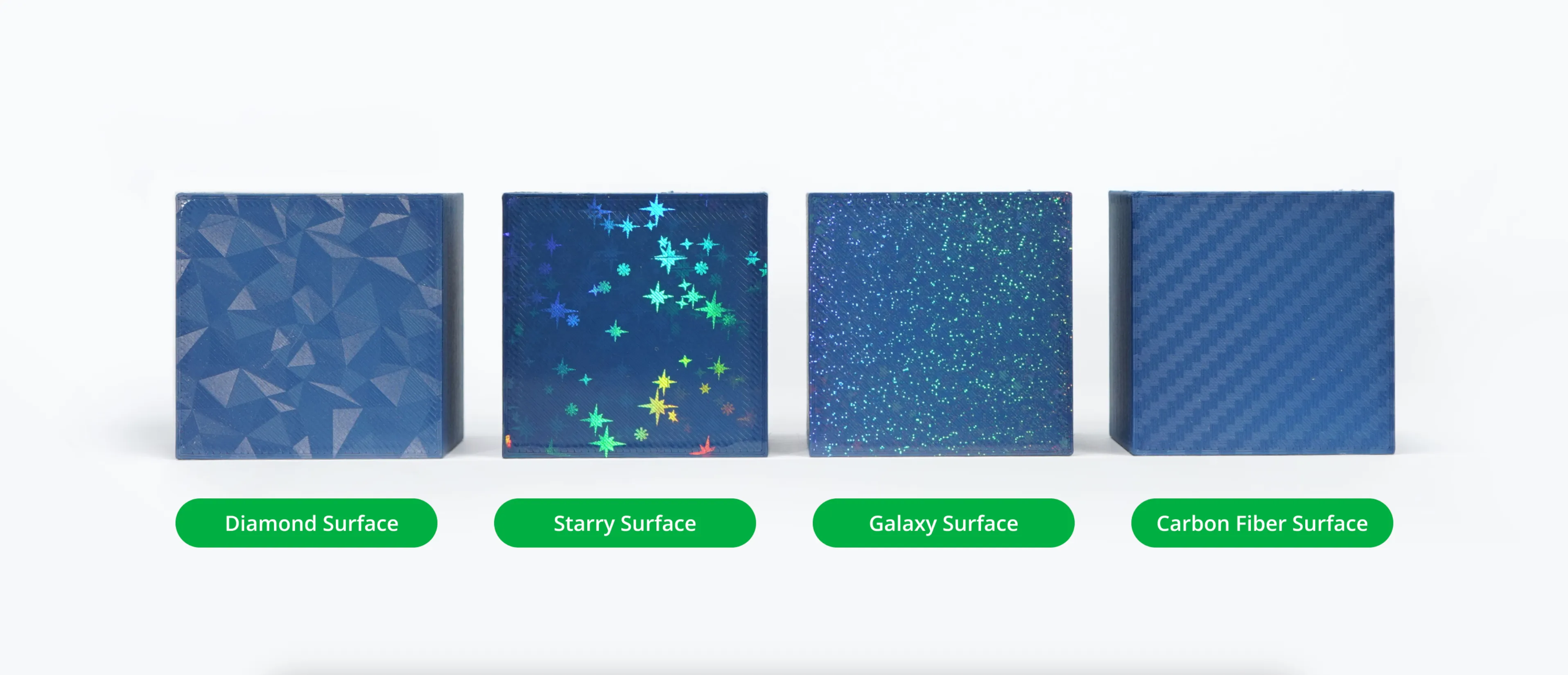 four sample blocks showing diamond surface starry surface galaxy surface and carbon fiber surface from Bambu 3D Effect Plate