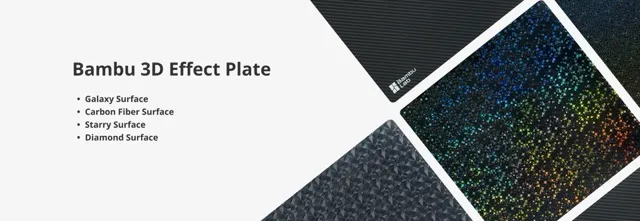 Bambu 3D Effect Plate sheets showing galaxy surface starry surface diamond surface and carbon fiber surface textures