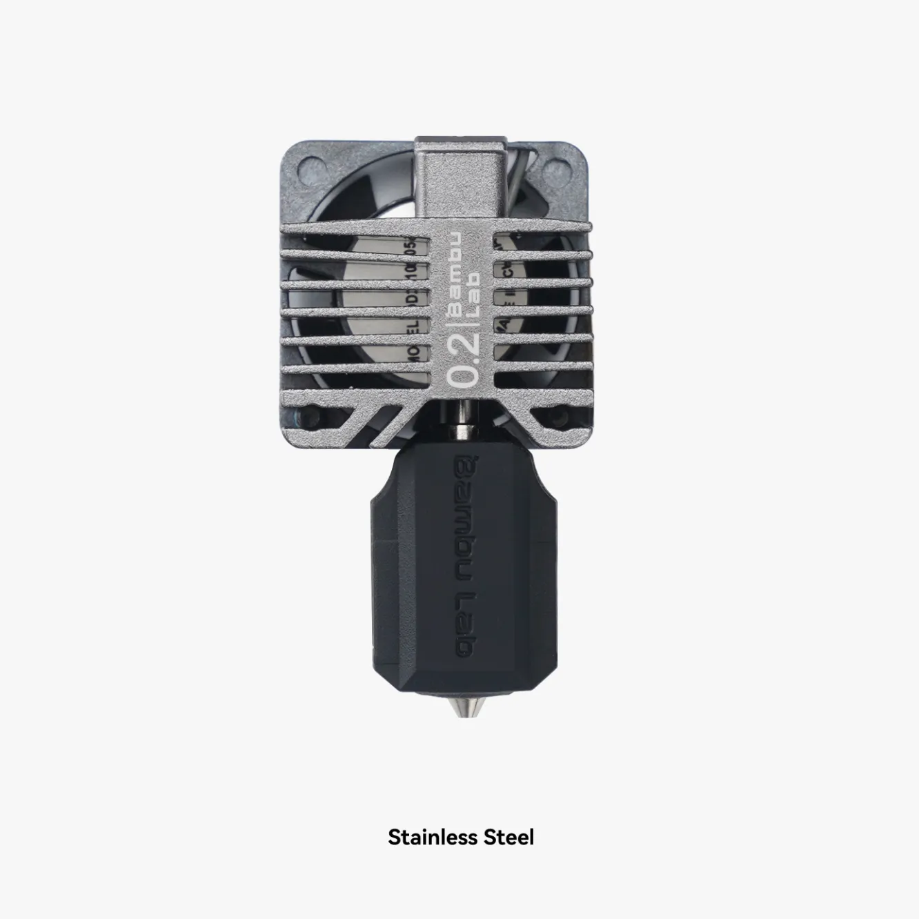 Bambu Lab complete hotend with 0.2mm stainless steel nozzle front view for P1P P1S