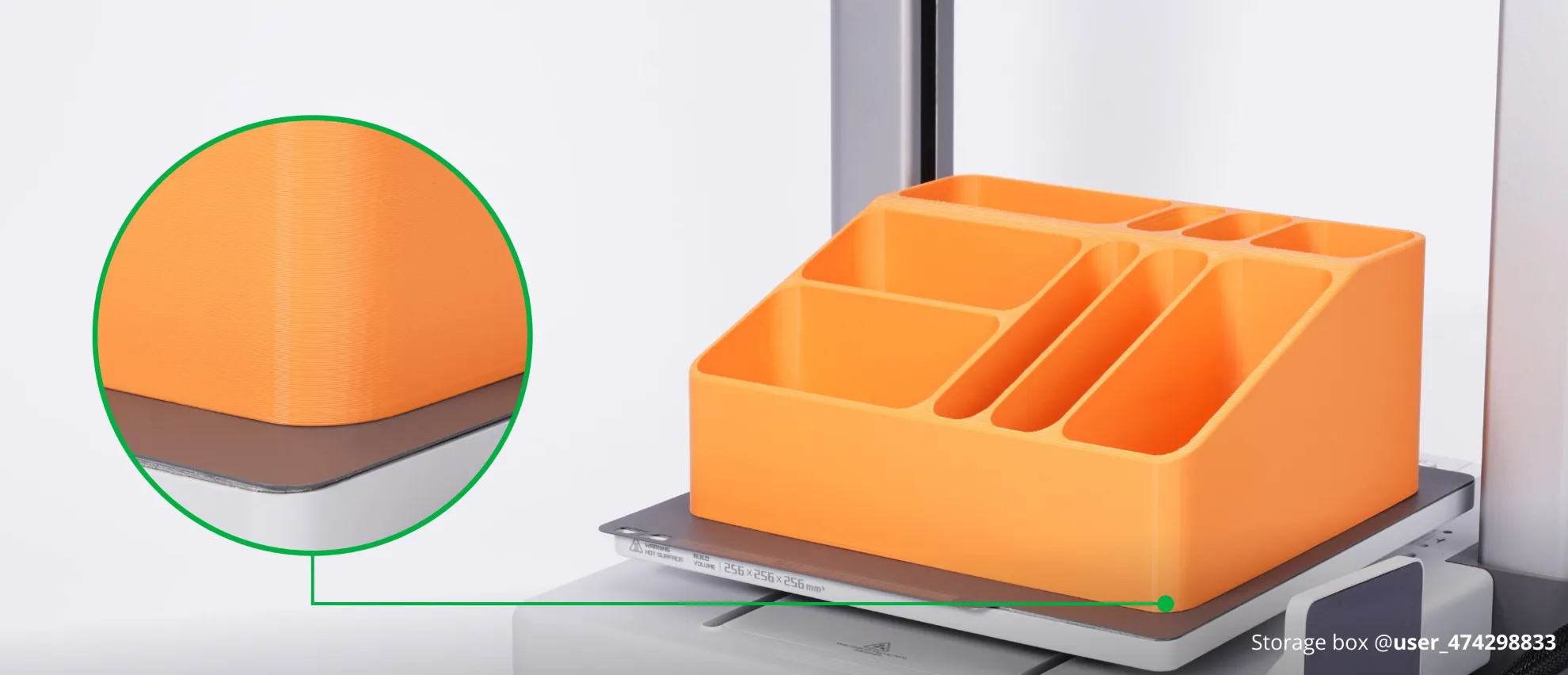 large 3D printed storage box corner close up showing no warping on Bambu Cool Build Plate SuperTack