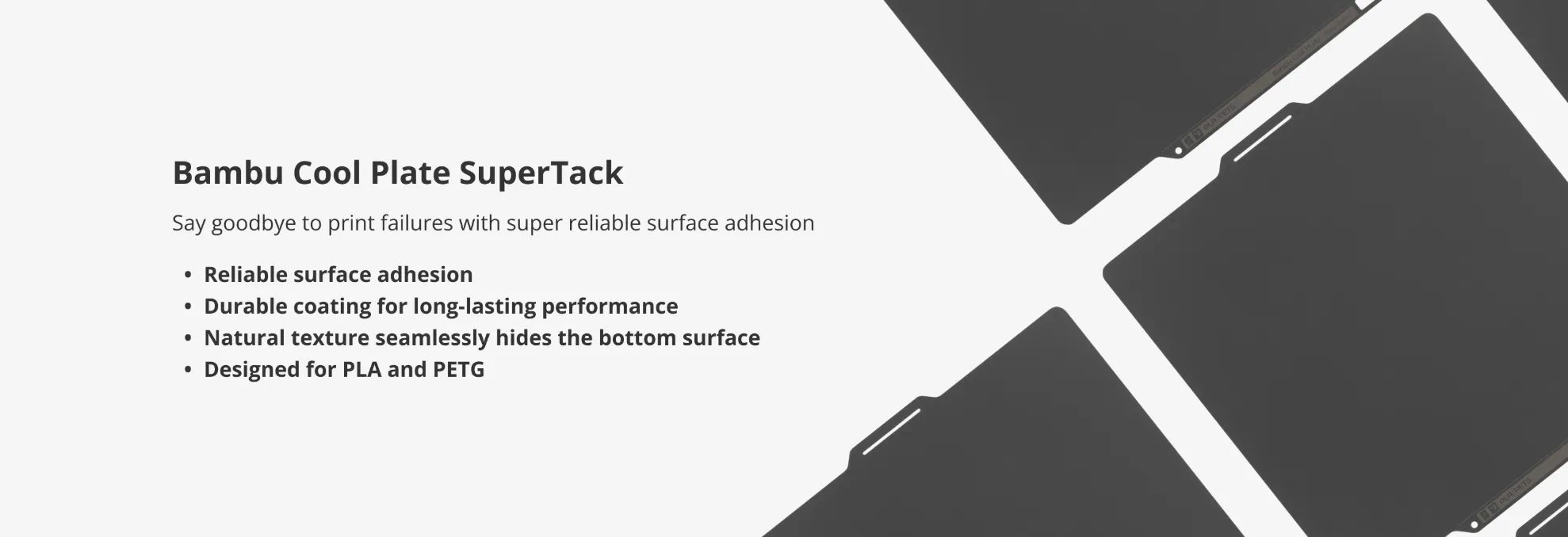Bambu Cool Plate SuperTack product overview with feature list and build plate background