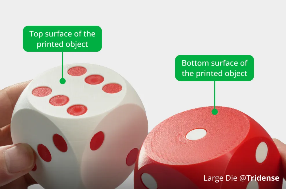 3D printed dice showing smooth bottom surface finish created by Bambu Cool Build Plate SuperTack