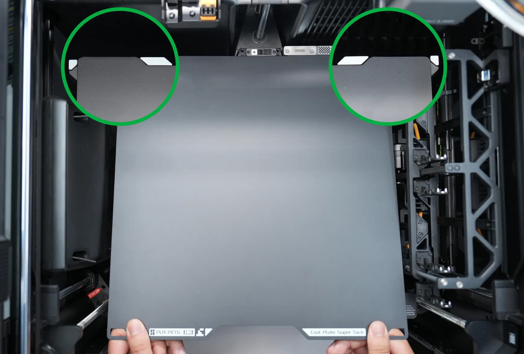 Bambu Cool Plate SuperTack Pro build plate installed on 3D printer heatbed showing full surface and alignment on platform