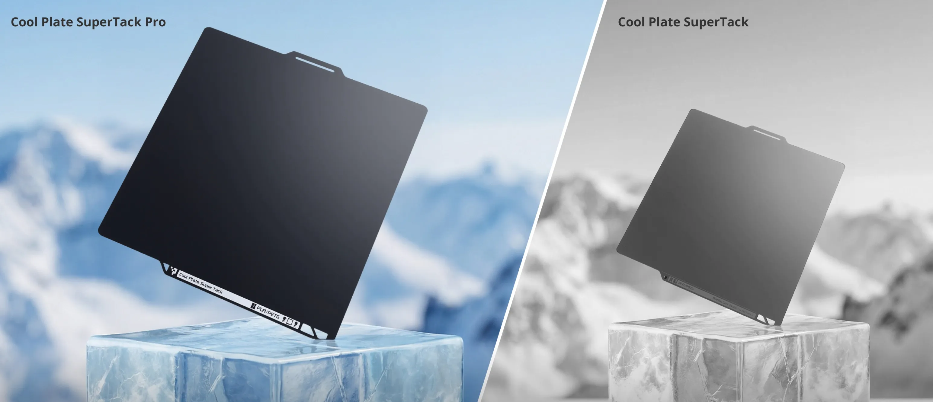 comparison between Bambu Cool Plate SuperTack Pro and Cool Plate SuperTack on ice block background